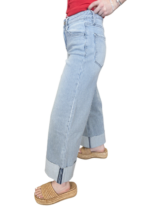 High Rise Cuffed Striped Crop Wide Jeans