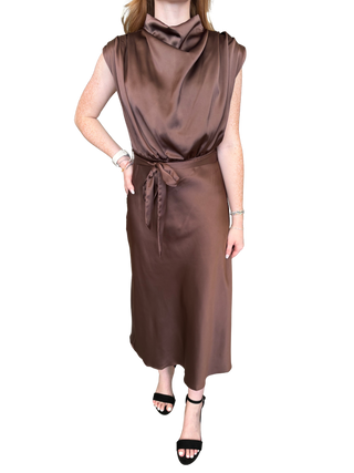 Waist Tie Sleeveless Midi Dress With Cowl Neck
