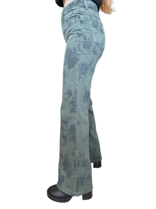 Green Floral Mid Rise Vintage Flare Jeans