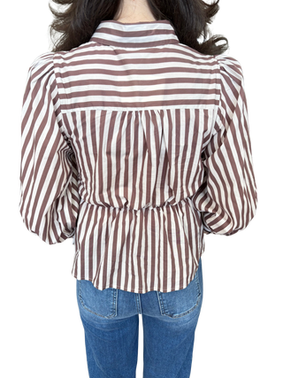 Brown Striped Front Tie Long Sleeve Top