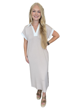 Taupe Solid collared V-neck short sleeve midi dress featuring contrast trim