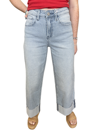 High Rise Cuffed Striped Crop Wide Jeans