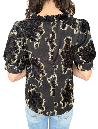 Ruffled V-Neck Textured Burnout Velvet Top