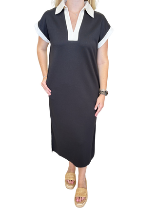 Black Midi T-Shirt Style Dress With White Detailed Trim