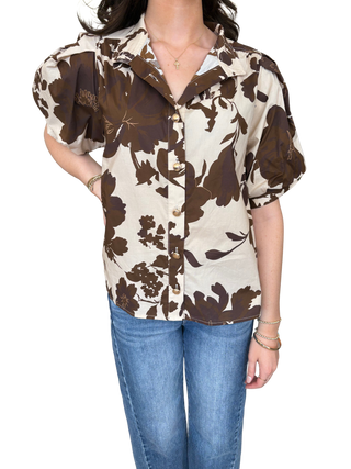 Printed floral short puff sleeve top featuring button closure at front