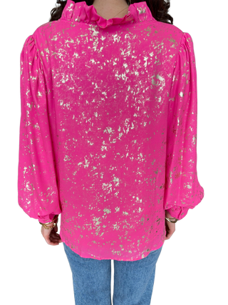 Ruffled Neckline Button Down Metallic Blouse