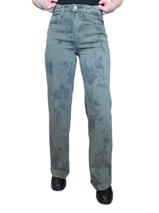 Green Floral Mid Rise Vintage Flare Jeans