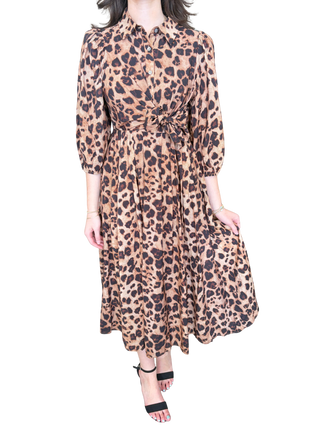 Leopard print ¾ balloon sleeve midi dress