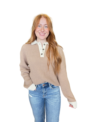 Waffled Pattern Collared Sweater Top