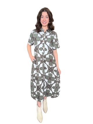 Printed short sleeve midi shirt dress featuring front button detail