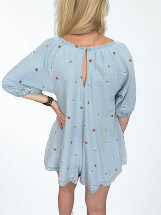 Embroidered Denim Romper With 3/4 Sleeve