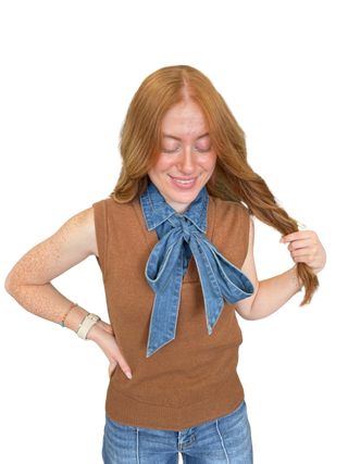 Denim Tie Neck Sleeveless Knit Top