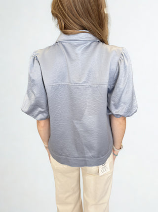 Pale Blue Pocket Top With Puff Sleeves & Zipper Detail