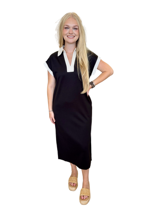 Black Midi T-Shirt Style Dress With White Detailed Trim