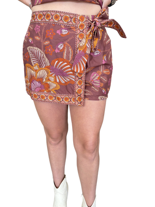 Terra Cotta Botanical print wrap front skort featuring side tie detail