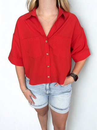 Red Button-up Collared Short Sleeve Shirt