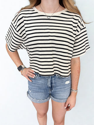 Striped Oversized Short Sleeve Cropped Tee