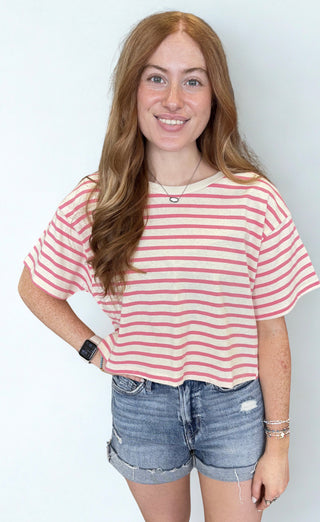 Striped Oversized Short Sleeve Cropped Tee