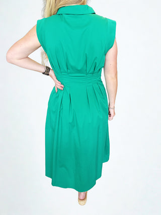 Solid sleeveless midi dress featuring collar and zipper closure at front