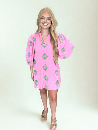 Embroidered 3/4 puff sleeve mini dress featuring V-neck