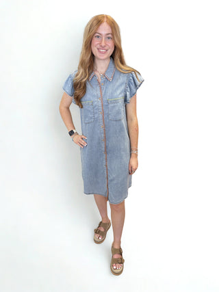 Denim Whipstich Trim Flutter Sleeve Mini Dress