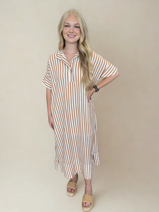 Taupe Striped Midi Button Down Dress