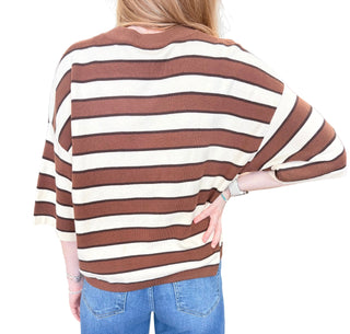 Stripe short sleeve knit top featuring a round neckline