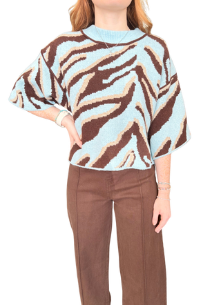 Animal print short sleeve sweater top with a round neckline and exposed seam