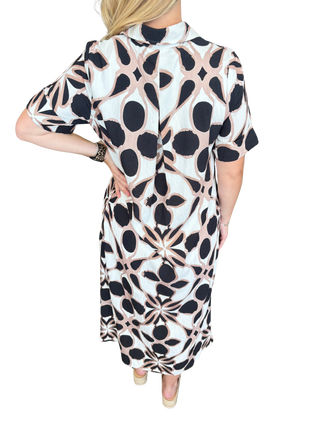 Printed short sleeve midi shirt dress featuring front button detail