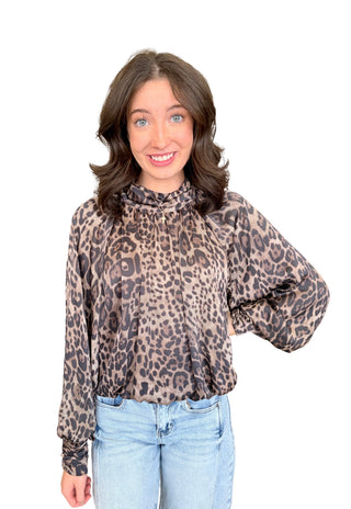Leopard print long balloon sleeve high-neck top