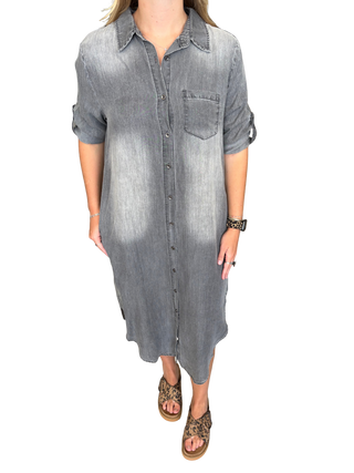 Roll Tab 3/4 Sleeve Tencel Denim Shirt Midi Dress