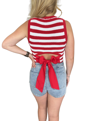 Red Striped Bow Back Detail Sleeveless Top