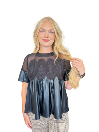 Lace Overlay Faux Leather Babydoll Top