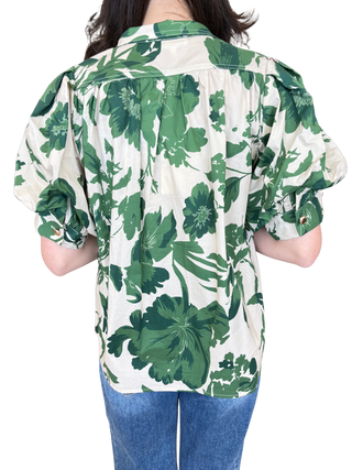 Printed floral short puff sleeve top featuring button closure at front