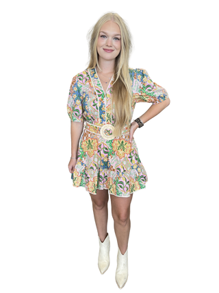 Garden Party Puff Sleeve Belted Cotton Mini Dress
