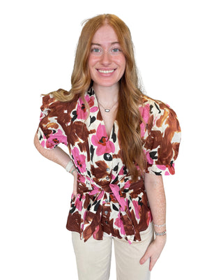 Floral print short puff sleeve top featuring self-tie waist detail