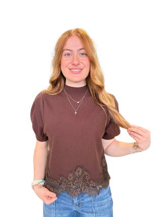 Solid short puff sleeve sweater top with a mock neck