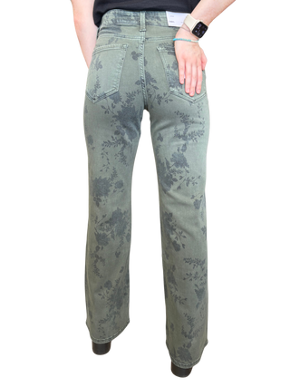 Green Floral Mid Rise Vintage Flare Jeans