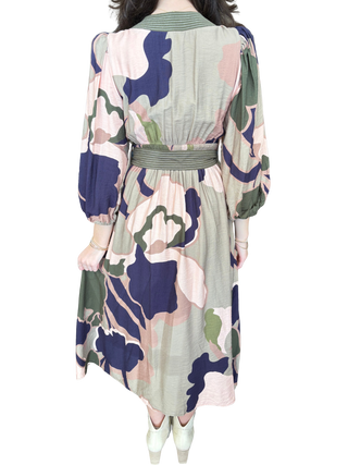 Printed long balloon sleeve midi dress with a V-neck and contrast stripe trim detail