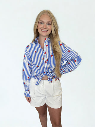 Strawberry Embroidered Button Down Blouse