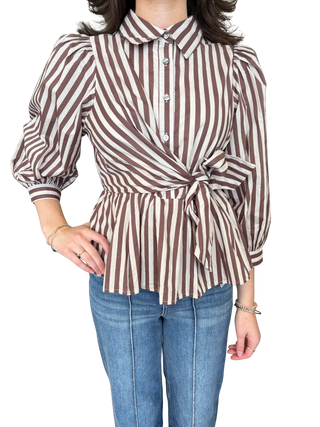 Brown Striped Front Tie Long Sleeve Top