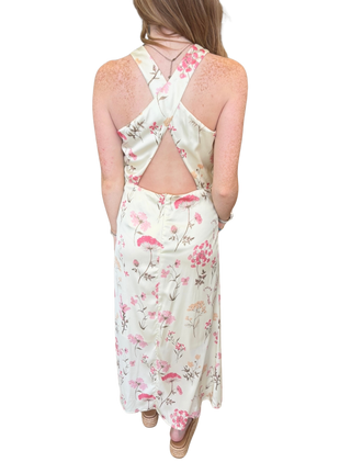 Cowl Neck Sleeveless Cross Back Floral Satin Midi Dresss