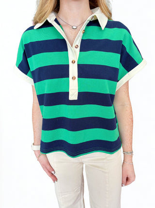 Green & Navy Striped cuffed cap sleeve top featuring contrast collar
