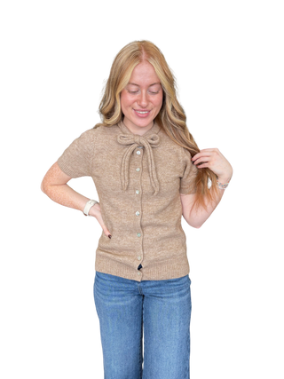 Scarf Neck Short Sleeve Button Down Sweater Top