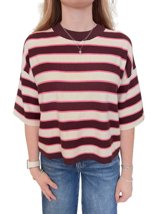 Stripe short sleeve knit top featuring a round neckline