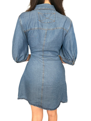 Solid ¾ sleeve denim mini dress featuring self-tie waist detail