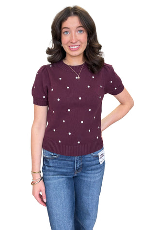 Round Neck Puff Short Sleeve "Polka Dot" Embroidered Sweater