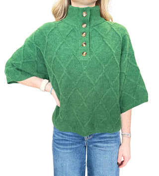 Solid ¾ sleeve sweater top with a stand collar and partial button closure
