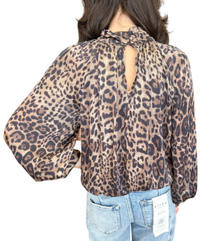 Leopard print long balloon sleeve high-neck top