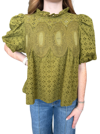 Solid short puff sleeve top with a ruffled neckline